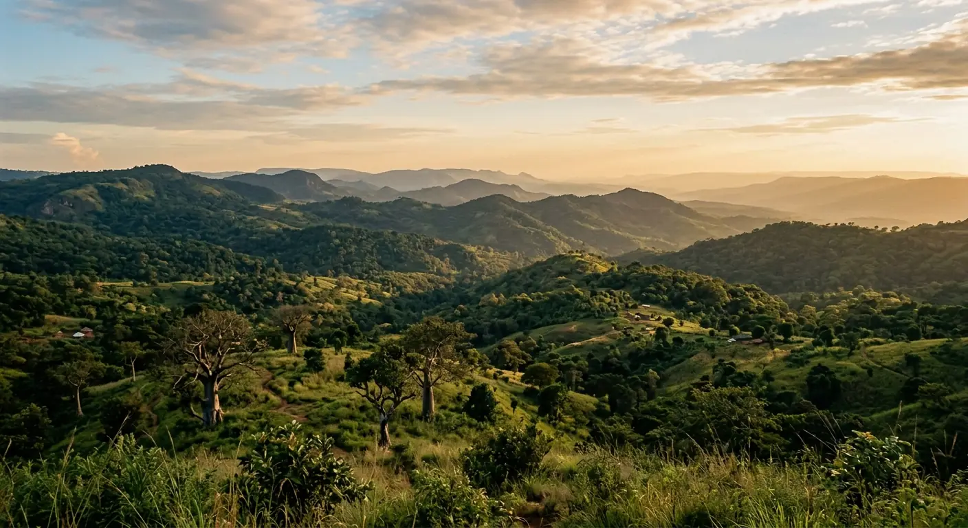 Collines verdoyantes du Fouta-Djaloo au coucher du soleil, près d’Aiguel